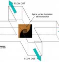 This is an example of the cross-shaped device that the team pumped water through. The arrows show which way the water was flowing, which side included dye, and where the spiral vortex forms in the middle.