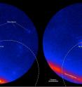 Fermi LAT images showing the gamma-ray sky around the blazar PKS B1424-418. Brighter colors indicate greater numbers of gamma rays. The dashed arc marks part of the source region established by IceCube for the Big Bird neutrino (50-percent confidence level). Left: An average of LAT data centered on July 8, 2011, covering 300 days when the blazar was inactive. Right: An average of 300 active days centered on Feb. 27, 2013, when PKS B1424-418 was the brightest blazar in this part of the sky.