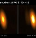 These radio images from the TANAMI project reveal the 2012-2013 eruption of PKS B1424-418 at a radio frequency of 8.4 GHz. The core of the blazar's jet brightened by four times, producing the most dramatic blazar outburst TANAMI has observed to date.