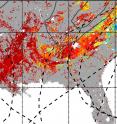 This map shows the total increase of photosynthesis and carbon uptake by forests caused by all hurricanes in 2004. The dotted gray lines represent the paths of the individual storms.