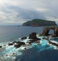 A natural rock formation known as "Darwin's Arch" protrudes from the water southeast of Darwin Island. The waters around the small, remote islands of Darwin and Wolf contain the largest biomass of sharks on the planet.