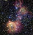 In this image from ESO's Very Large Telescope (VLT), light from blazing blue stars energises the gas left over from the stars' recent formation. The result is a strikingly colorful emission nebula, called LHA 120-N55, in which the stars are adorned with a mantle of glowing gas. Astronomers study these beautiful displays to learn about the conditions in places where new stars develop.