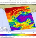 The AIRS instrument on the Aqua satellite captured this image of the tropical cyclone Roanu over India. Cloud top temperatures colder than -72.6F (-58.1C) (in purple) in thunderstorms were recorded around Roanu's eye.