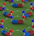 This is a depiction of magnetic charge ice. Nanoscale magnets are arranged in a two-dimensional lattice. Each nanomagnet produces a pair of magnetic charges, one positive (red ball on the north pole) and one negative (blue ball on the south pole). The magnetic flux lines (white) point from positive charges to negative charges.