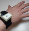 This is an early prototype of the wristband used in the Health and Environmental Tracker (HET), an integrated, wearable system that monitors a user's environment, heart rate and other physical attributes with the goal of predicting and preventing asthma attacks.