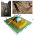 Topographic map of the Structure-5 of San Andr&eacute;s site showing the excavation area with pictures of masonry architecture under the earthen architecture.