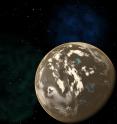 In this artist's conception, a carbon planet orbits a sunlike star in the early universe. Young planetary systems lacking heavy chemical elements but relatively rich in carbon could form worlds made of graphite, carbides and diamond rather than Earth-like silicate rocks. Blue patches show where water has pooled on the planet's surface, forming potential habitats for alien life.