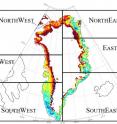 Changes in runoff from the Greenland ice sheet during July 2016 compared to the 1981-2010 mean. Redder colors indicate more runoff.
