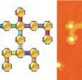 A schematic diagram (left) showing how a nanoparticle (yellow ball) is incorporated within a square-like DNA frame. The DNA strands inside the frame (blue squiggly lines) are complementary to the DNA strands on the nanoparticle; the colored strands on the outer edges of the frame have different DNA sequences that determine how the DNA-framed nanoparticle modules can connect. The architecture shown (middle) is a simplistic nanoscale representation of Leonardo da Vinci's Vitruvian Man, assembled from several module types. The scientists used atomic force microscopy to generate the high-magnification image of this assembly (right).