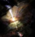 Lurking in the heart of the galaxy cluster Abell 2597, located nearly one billion light years from Earth in the constellation Aquarius, astronomers track several massive gas clouds that are raining down on the central supermassive black hole. The complex cosmic weather, as illustrated in this artist's concept, includes condensed clouds of cold molecular gas in the galaxy core that cast shadows seen in the ALMA observations. These clouds condense out of the surrounding hot intracluster medium and fuel 'cold, chaotic' accretion (or feeding) of the central supermassive black hole. This fuel leads to massive outbursts that drive the powerful radio jets out into the surrounding medium.