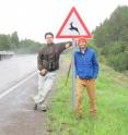 Cagan Sekercioglu and Mark Chynoweth are at a wildlife crossing sign along the Kars-Erzurum highway that bisects Sarikamis Forest.