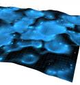 In a simulation of the universe without commonly made simplifications, galaxy profiles float atop a grid representing the spacetime background shaped by the distribution of matter. Regions of blue color contain more matter, which generates a deeper gravitational potential. Regions devoid of matter, darker in color, have a shallower potential.