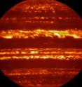 In preparation for the imminent arrival of NASA's Juno spacecraft in July 2016, astronomers used ESO's Very Large Telescope to obtain spectacular new infrared images of Jupiter using the VISIR instrument. They are part of a campaign to create high-resolution maps of the giant planet to inform the work to be undertaken by Juno over the following months, helping astronomers to better understand the gas giant.
<P>
This false-color image was created by selecting and combining the best images obtained from many short VISIR exposures at a wavelength of 5 micrometers.