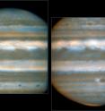 False color images generated from VLT observations in February and March 2016, showing two different faces of Jupiter. The bluer areas are cold and cloud-free, the orange areas are warm and cloudy, more colorless bright regions are warm and cloud-free, and dark regions are cold and cloudy (such as the Great Red Spot and the prominent ovals). The wave pattern over the North Equatorial Band shows up in orange.
<P>
This view was created by combining VLT/VISIR infrared images from February 2016 (left) and March 2016 (right). The orange images were obtained at 10.7 micrometers wavelength and highlight the different temperatures and presence of ammonia. The blue images at 8.6 micrometers highlight variations in cloud opacity.