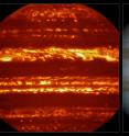 This view compares a lucky imaging view of Jupiter from VISIR (left) at infrared wavelengths with a very sharp amateur image in visible light from about the same time (right).