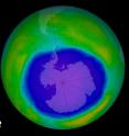 A false-colour image showing ozone concentrations above Antarctica on Oct. 2, 2015.