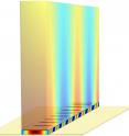 In this illustration of a terahertz plasmonic laser, the laser cavity is enclosed between two metal films (with periodic slits on the top film). The colors represent coherent SPP light waves. One wave is confined inside the 10-micron-thick cavity. The other, with a large spatial extent, is located on top of the cavity.