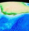 View of Australia's western continental margin, looking eastwards from the Indian Ocean.  The margin's topography illustrates a partitioning into shallow inner and deep outer portions, reflecting their two-phase evolutionary history.  The outer margins have a record of extensive volcanism, illustrated by their rough surfaces.
