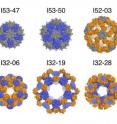Computational models of the 10 successful designs are shown via molecular surface representations (design names are shown above each model).  Each design comprises a pairwise combination of pentameric (grey), trimeric (blue), or dimeric (orange) building blocks aligned along icosahedral fivefold, threefold, and twofold symmetry axes, respectively.  All models are shown to scale relative to the 30 nanometer scale bar.