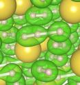 At center, in green, is the new three-atom hydrogen 'chain.' It is surrounded by several 'normal' two-atom molecules of hydrogen, also in green.  The new chain configuration appears in the new material NaH7, which was produced under high pressure and high temperature conditions. The new material could change the superconductivity landscape and be useful for hydrogen storage in hydrogen fuel cells.