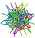 Tangled quantum vortices. Each vortex line is shaded in a different color, and may be knotted or linked with the others.