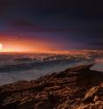 This artist's impression shows a view of the surface of the planet Proxima b orbiting the red dwarf star Proxima Centauri, the closest star to the Solar System. The double star Alpha Centauri AB also appears in the image to the upper-right of Proxima itself. Proxima b is a little more massive than the Earth and orbits in the habitable zone around Proxima Centauri, where the temperature is suitable for liquid water to exist on its surface.