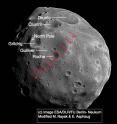 In this spacecraft image of Phobos, red arrows indicate a chain of small craters whose origin researchers were able to trace back to a primary impact at the large crater known as Grildrig.