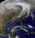 This NASA GOES satellite image shows a storm sweeping across the center of the United States on Oct. 26 and 27, 2010. The storm brought strong winds, rain, hail, and widespread tornadoes. A new analysis published this week in <i>Nature Geoscience</i> by the University of Chicago's Tiffany Shaw and others finds that human-induced climate change complicates projecting the future position of such storms.