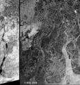 These Envisat radar images highlight the extent of flooding in the Irrawaddy delta caused by the cyclone Nargis that hit Myanmar on May 3, 2008, devastating the country. The left image, acquired on Feb. 5, 2007, shows the situation approximately one year ago. The black and dark areas in the image on the right, acquired on May 5, 2008, indicate areas potentially still flooded two days after the event. Envisat's Advanced Synthetic Aperture Radar data are especially well suited for delivering information on floods, which are usually accompanied by rain and therefore cloudy conditions. Radar sensors can peer through clouds, rain or local darkness and are especially sensitive to moisture on the ground.