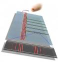 An optical micrograph of the chip itself, showing the region on the chip from which the plasma is separated from the whole blood. Whole blood cells can be seen traveling down the wider channel.  The thinner channels are the plasma skimming channels.  Channel dimensions: large channel ~50 micrometer wide; skimming channels ~10 micrometers wide.  The barcode at the bottom of the drawing represents a panel of about 10 proteins that were measured from a fingerprick of blood within the 10 minute time from from fingerprick to completion of the critical assay steps.  This particular chip, which was about the size of a microscope slide, contained regions for 8 separate fingerprick assays.
