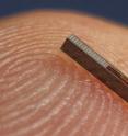 The tiny pressure sensor -- depicted here on a finger -- measures blood pressure directly in the femoral artery.