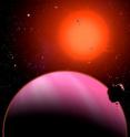 This artist's conception reveals the newly discovered Super-Neptune planet orbiting a star 120 light years away from Earth. Normally blue in color, its red hue is caused by the illumination from the nearby Red Dwarf star.
