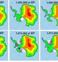 Modeled Antarctic ice sheet at particular times through the warm Marine Isotope Stage 31 event, around 1.07 million years ago. Ice-sheet elevations and floating ice-shelf thicknesses shown by two different color scales, "yr BP" is
"years before present." Modeled Antarctic ice sheet at particular times through the warm Marine Isotope Stage 31 event, around 1.07 million years ago. Ice-sheet elevations and floating ice-shelf thicknesses shown by two different color scales, "yr BP" is
"years before present."