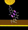 A gold probe, outfitted with a dangling nucleotide approaches its complementary base,  protruding upward from a monolayer. A set point current is established for the tunnel junction as the bases self-assemble. As the electrode is slowly withdrawn, the drop in tunneling current is recorded. Examining the curve of current vs. distance allows the identification of A-T base pairs, which may be distinguished from more strongly bonded C-G pairs -- cemented by 3 rather than 2 hydrogen bonds.