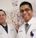 Researchers, including Drs. Jeffrey Browning (left) and Richard Guerrero, have demonstrated that where different ethnic groups store fat in their bodies may account for variations in the rates those groups develop insulin resistance and non-alcoholic fatty liver disease. Researchers, including Drs. Jeffrey Browning (left) and Richard Guerrero, have demonstrated that where different ethnic groups store fat in their bodies may account for variations in the rates those groups develop insulin resistance and non-alcoholic fatty liver disease.