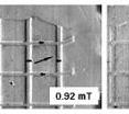 NIST MOIF (Magneto-optic imaging film) technique is unique in being able to image magnetic domains in real time while they are forming, growing and disappearing. Bright and dark regions represent stray magnetic fields as domains change. Here a series of MOIF images shows reversal of domains in a ferromagnetic film having a grid of antiferromagnetic strips on top as the external field increases to the right.