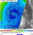 A top-down combination GOES/Aqua satellite image (top) is compared to a CloudSat image (bottom). CloudSat shows clouds are over 8 miles high and between -40 and -76 degrees Fahrenheit.