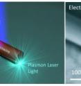 The schematic on the left illustrates light being compressed and sustained in the 5 nanometer gap -- smaller than a protein molecule -- between a nanowire and underlying silver surface. To the right is an electron microscope image of the hybrid design shown in the schematic. The schematic on the left illustrates light being compressed and sustained in the 5 nanometer gap -- smaller than a protein molecule -- between a nanowire and underlying silver surface. To the right is an electron microscope image of the hybrid design shown in the schematic.