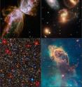 These four images are among the first observations made by the new Wide Field Camera 3 aboard the upgraded NASA/ESA Hubble Space Telescope.

The image at top left shows the Bug Nebula, a butterfly-shaped nebula surrounding a dying star. At top right, is a picture of a clash among members of a galactic grouping called Stephan's Quintet. The image at bottom left, gives viewers a panoramic portrait of a colorful assortment of 100,000 stars residing in the crowded core of Omega Centauri, a giant globular cluster. At bottom right, an eerie pillar of star birth in the Carina Nebula rises from a sea of greenish-colored clouds.