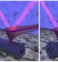 These images compare an AFM tip sliding longitudinally along a carbon nanotube (left) versus sliding in the transverse direction.