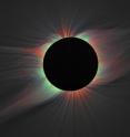 This image of the solar corona contains a color overlay of the emission from highly ionized iron lines and white light taken of the 2008 eclipse. Red indicates iron line Fe XI 789.2 nm, blue represents iron line Fe XIII 1074.7 nm, and green shows iron line Fe XIV 530.3 nm. This is the first such map of the 2-D distribution of coronal electron temperature and ion charge state.