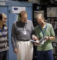 Researchers including Hirohito Ogasawara (left), Anders Nilsson (center), and Mike Toney (right) used the bright X-ray beam at SLAC's Stanford Synchrotron Radiation Lightsource to study a new form of platinum that could be used to make cheaper, more efficient fuel cells.