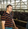 U of I animal scientist Daniel Shike talks with Tom Nash at the Beef Facility. Shike's research shows that high-quality beef and big per-head profits can be achieved by starting early-weaned cattle on corn and finishing them on a diet high in co-products.