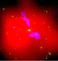 This is a false color image of the central region of a galaxy group in X-rays. The jet of matter blown out of the central black hole can be clearly identified by its radio luminosity (overlaid, purple-blue).