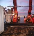 This image shows the fantail of the RV Sonne.   In this photo, the seismic reflection streamer used to record the sound waves is missing -- studies were delayed while the streamer was stuck in customs.