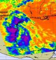 NASA's AIRS instrument captured an infrared look at TD2's high thunderstorm cloud tops on July 8 at 19:29 UTC (3:29 p.m. EDT) as its rains stretched from southeastern Texas to northeastern Mexico. The coldest cloud tops were as cold as -63F, and indicate areas of heavy rainfall (purple).