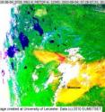 This is a false color image from August 4 which highlights the smoke from the wildfires as bright yellow. This is a false color image from August 4 which highlights the smoke from the wildfires as bright yellow.