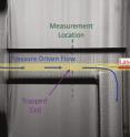 This is a microscope image showing a trapped cell in the optical chromatography setup - Cells are brought into the channel by the pressure-driven flow that runs from the top left to the bottom right of the image. As cells enter the channel, the laser shutter is opened and the beam pushes the cell from right to left. Flow is adjusted until the cell rests at the measurement location, at which point the flow rate is recorded and the cell is released. This is a microscope image showing a trapped cell in the optical chromatography setup - Cells are brought into the channel by the pressure-driven flow that runs from the top left to the bottom right of the image. As cells enter the channel, the laser shutter is opened and the beam pushes the cell from right to left. Flow is adjusted until the cell rests at the measurement location, at which point the flow rate is recorded and the cell is released.