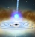 This illustration compares the environment around NGC 4151's supermassive black hole with the orbits of the planets in our solar system; the planets themselves are not shown to scale. Echoes of X-ray flares detected in XMM-Newton data demonstrate that the X-ray source (blue sphere, center) is located above the black hole's accretion disk. The time lag between flares in the source and their reflection in the accretion disk places the X-ray source about four times Earth's distance from the sun.