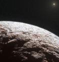 This artist’s impression shows the surface of the distant dwarf planet Makemake. This dwarf planet is about two thirds of the size of Pluto, and travels around the Sun in a distant path that lies beyond that of Pluto, but closer to the Sun than Eris, the most massive known dwarf planet in the Solar System. Makemake was expected to have an atmosphere like Pluto, but this has now been shown to not be the case.